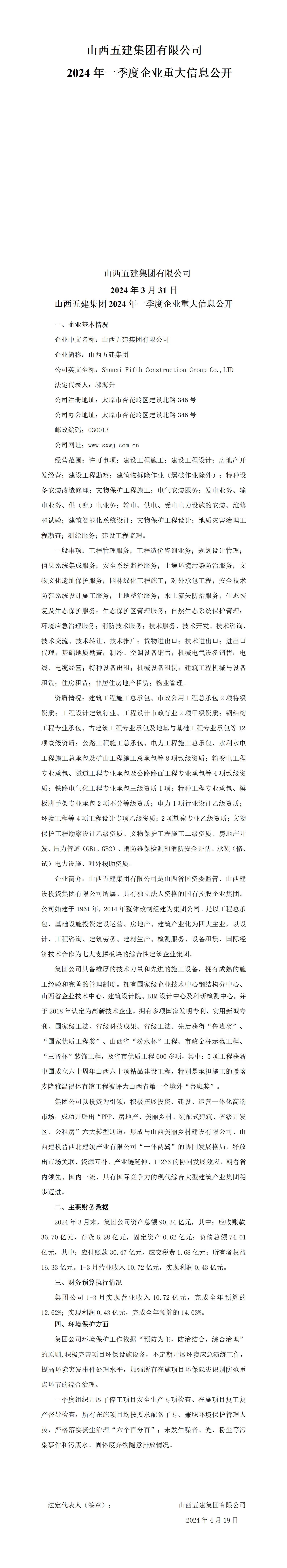 ɽ���彨�������޹�˾2024��һ������ҵ�ش���Ϣ����